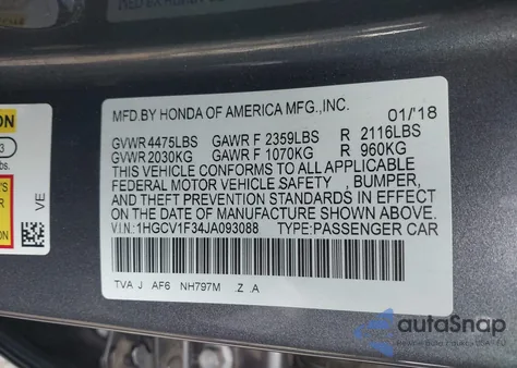 2018 Honda Accord Sport from USA, damaged, VIN 1HGCV1F34JA093088